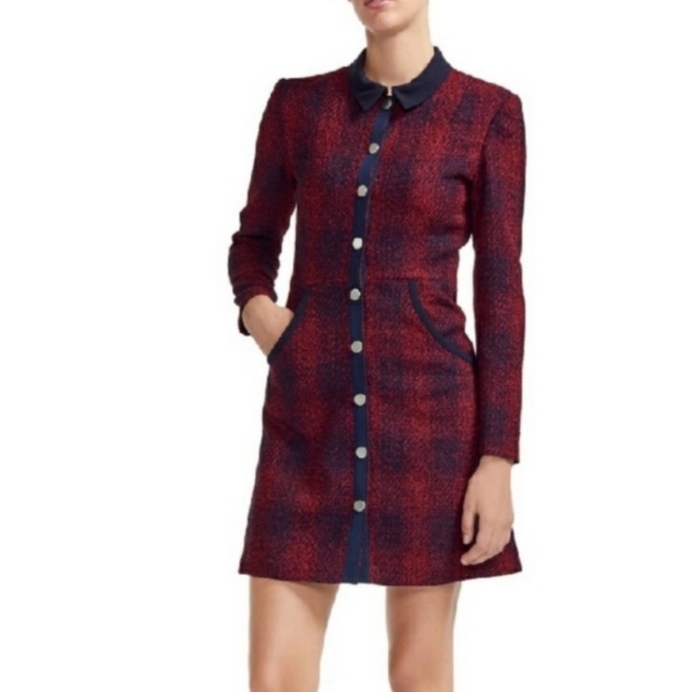 Maje red tweed plaid long sleeve dress size 2